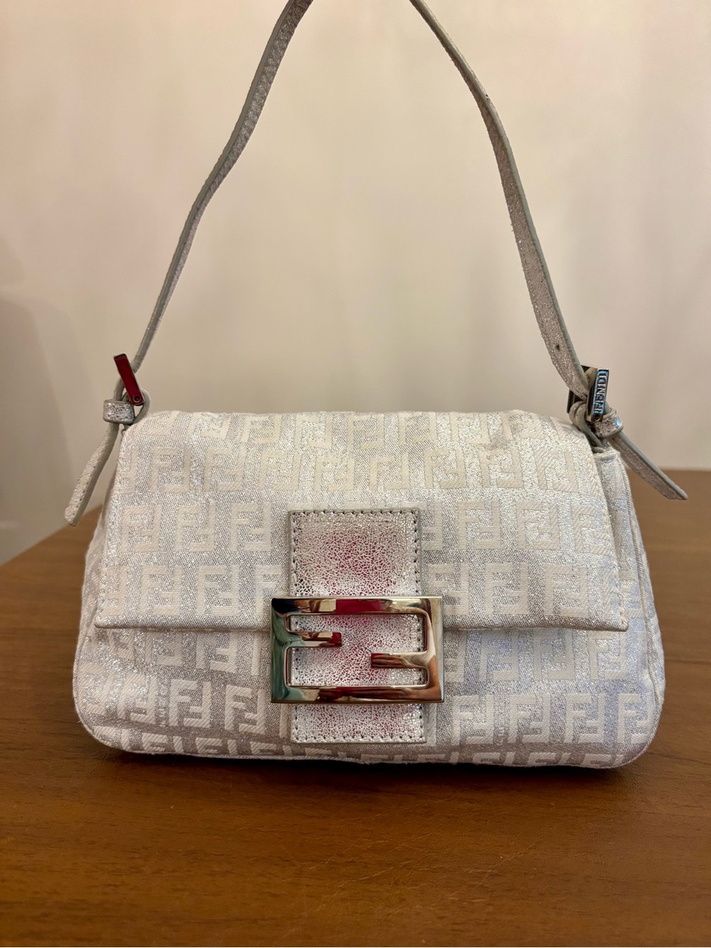 Authentic Fendi silver /white  FF Logo Baguette zucca Shoulder Bag mini